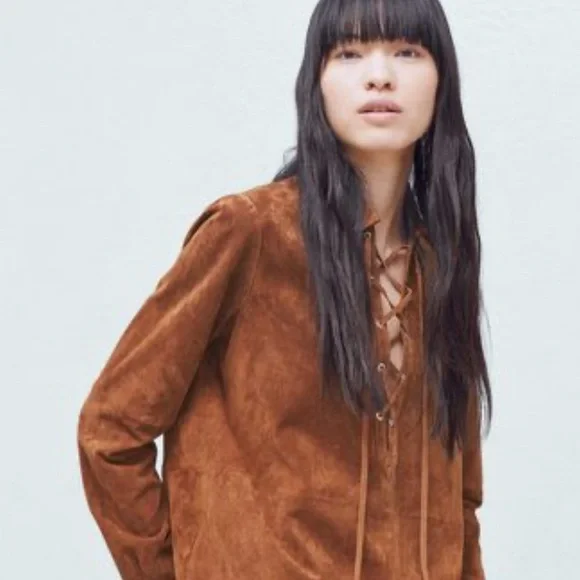 Siena studio lace front laser cut tan suede long sleeve western boho Top sz med - Picture 1 of 9